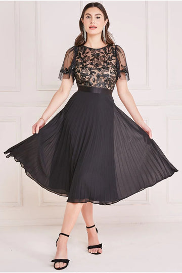 Embroidered Top Chiffon Pleated Midi Goddiva